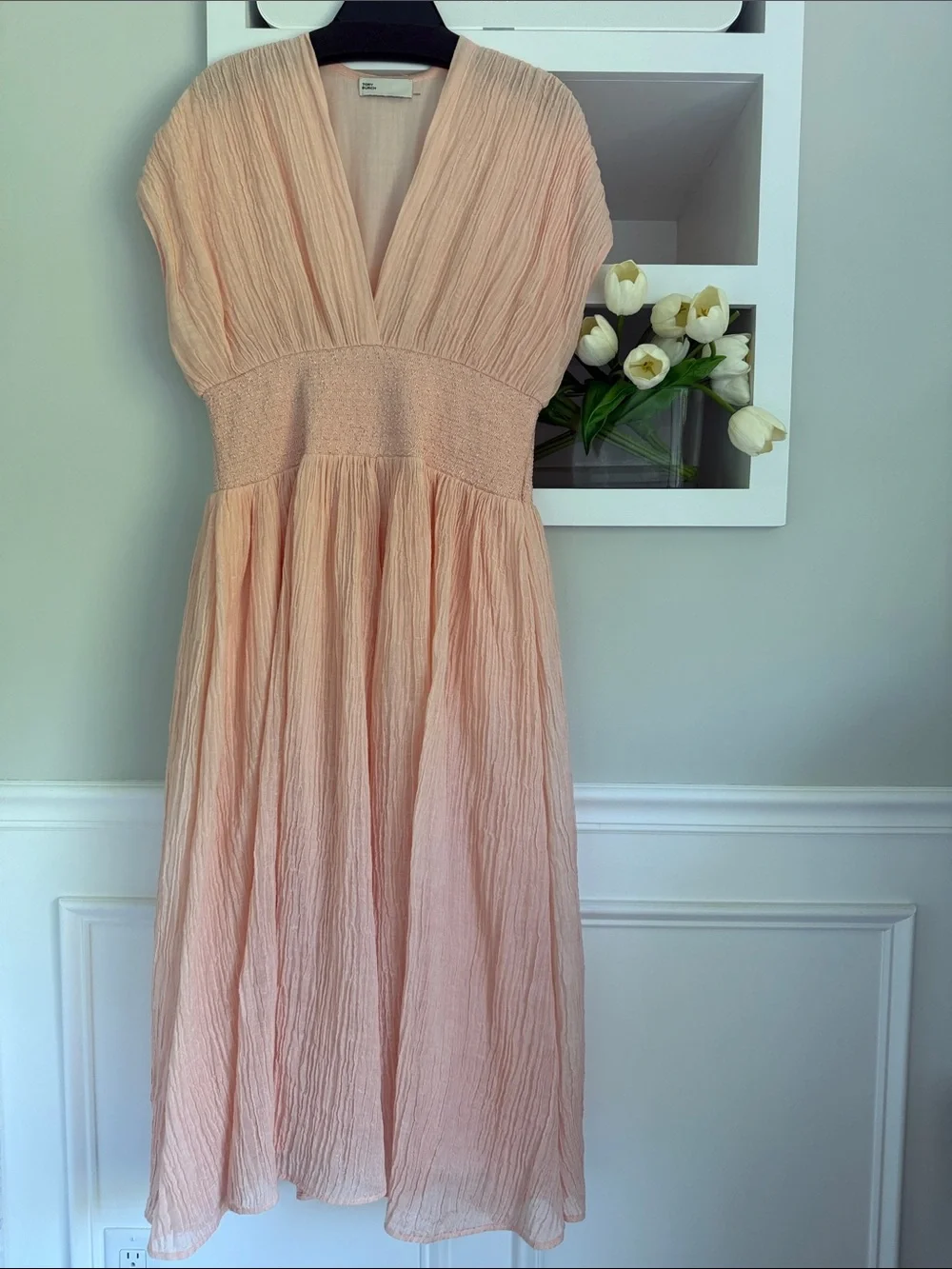Tory Burch Blush Pink Smocked Waist V-Neck Midi Maxi Dress sz L